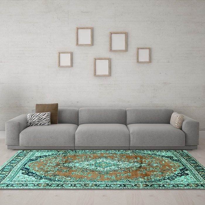 Machine Washable Medallion Turquoise Traditional Area Rugs in a Living Room,, wshtr408turq