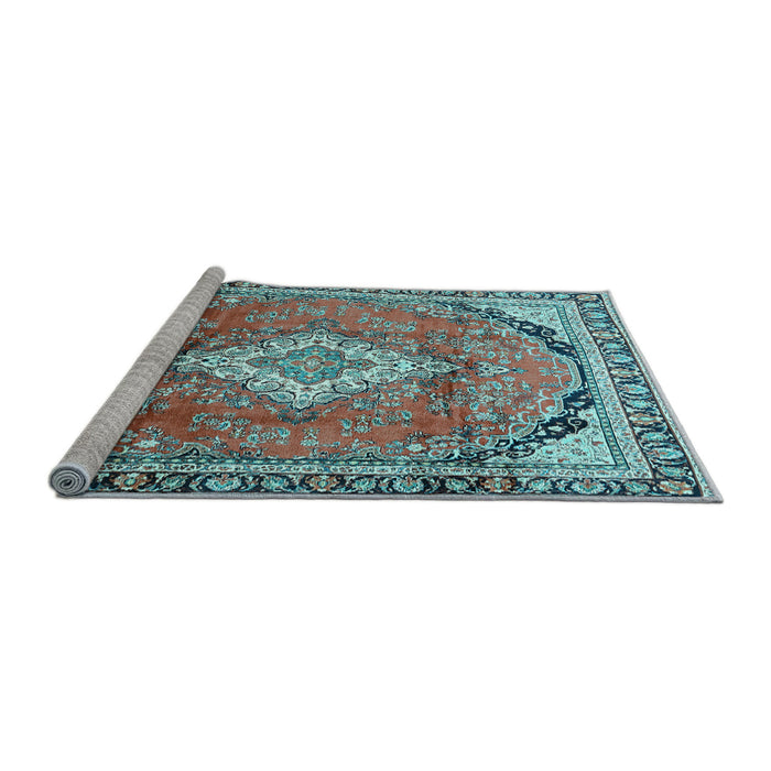 Sideview of Machine Washable Medallion Light Blue Traditional Rug, wshtr408lblu