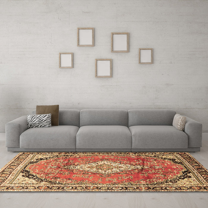Machine Washable Medallion Brown Traditional Rug in a Living Room,, wshtr408brn