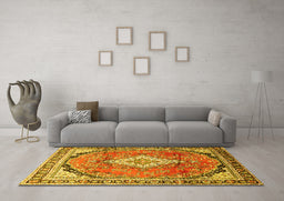 Machine Washable Medallion Yellow Traditional Rug in a Living Room, wshtr408yw