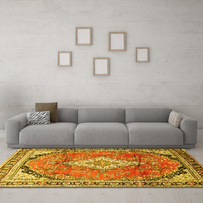 Machine Washable Medallion Yellow Traditional Rug in a Living Room, wshtr408yw