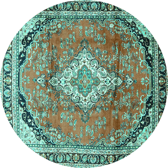 Round Machine Washable Medallion Turquoise Traditional Area Rugs, wshtr408turq