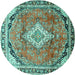 Round Machine Washable Medallion Turquoise Traditional Area Rugs, wshtr408turq