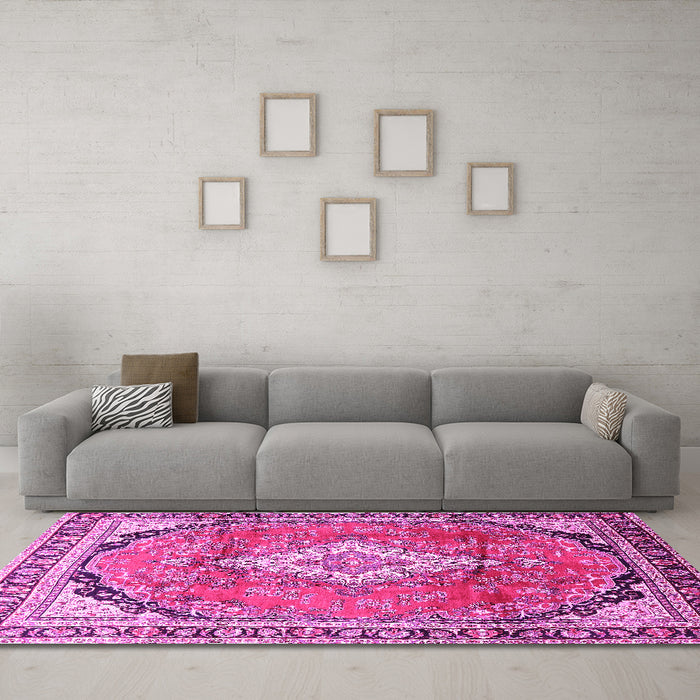 Machine Washable Medallion Pink Traditional Rug in a Living Room, wshtr408pnk