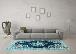 Machine Washable Medallion Light Blue Traditional Rug in a Living Room, wshtr4090lblu
