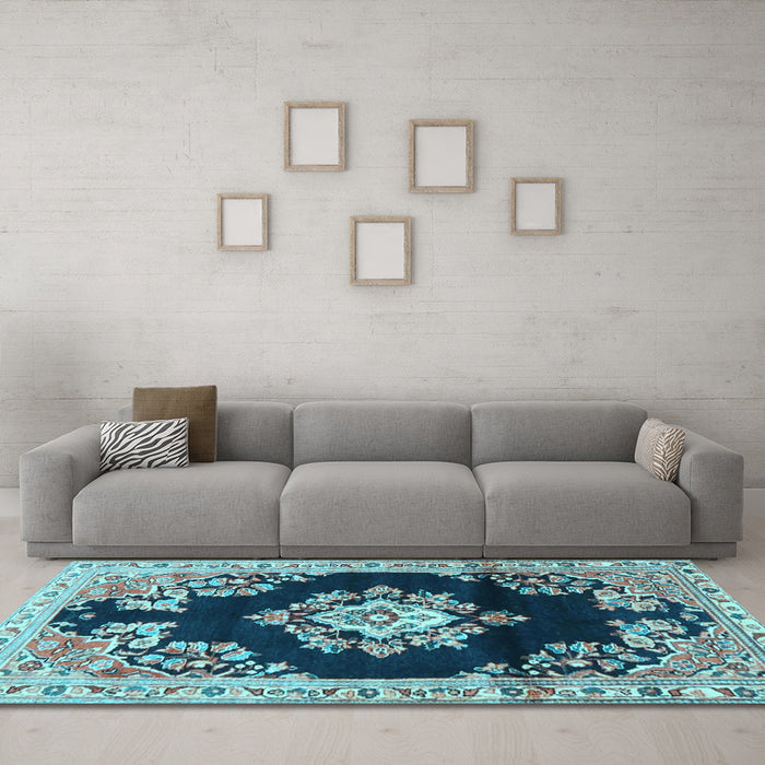 Machine Washable Medallion Light Blue Traditional Rug in a Living Room, wshtr4090lblu