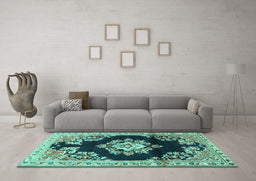 Machine Washable Medallion Turquoise Traditional Area Rugs in a Living Room,, wshtr4090turq