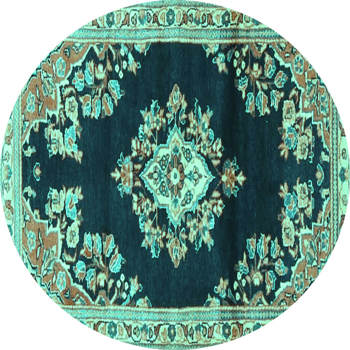 Round Machine Washable Medallion Turquoise Traditional Area Rugs, wshtr4090turq