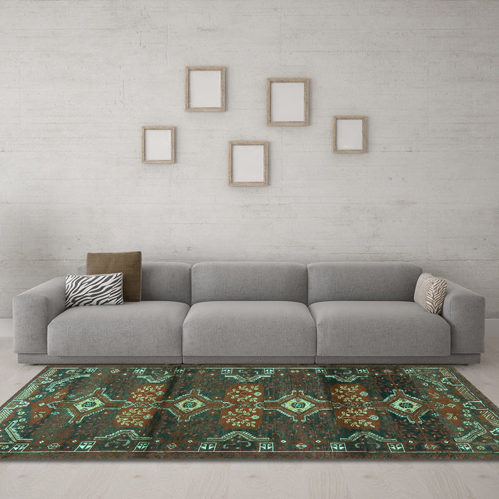Machine Washable Persian Turquoise Traditional Area Rugs in a Living Room,, wshtr4091turq