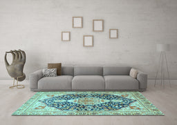 Machine Washable Medallion Light Blue Traditional Rug in a Living Room, wshtr4092lblu