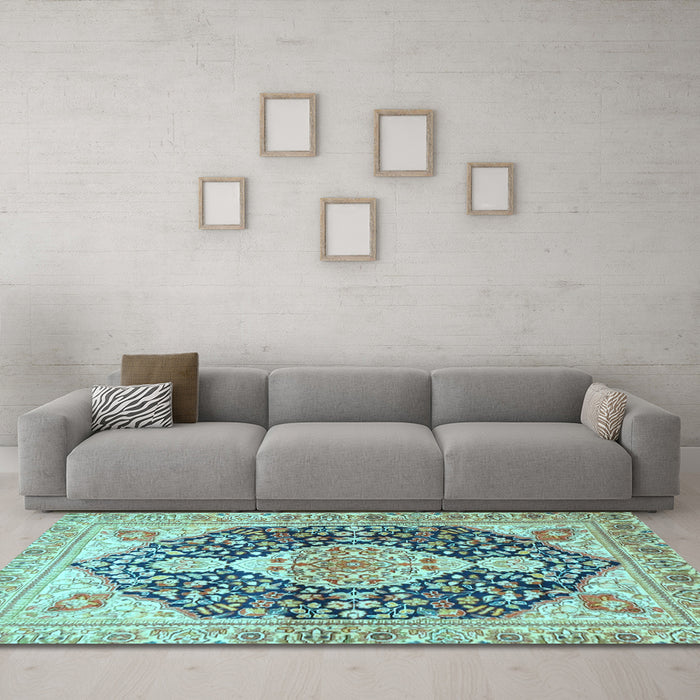 Machine Washable Medallion Light Blue Traditional Rug in a Living Room, wshtr4092lblu