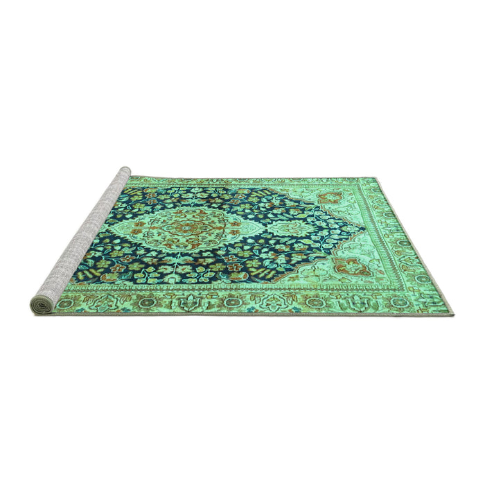 Sideview of Machine Washable Medallion Turquoise Traditional Area Rugs, wshtr4092turq
