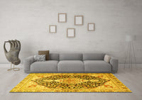 Machine Washable Medallion Yellow Traditional Rug, wshtr4092yw