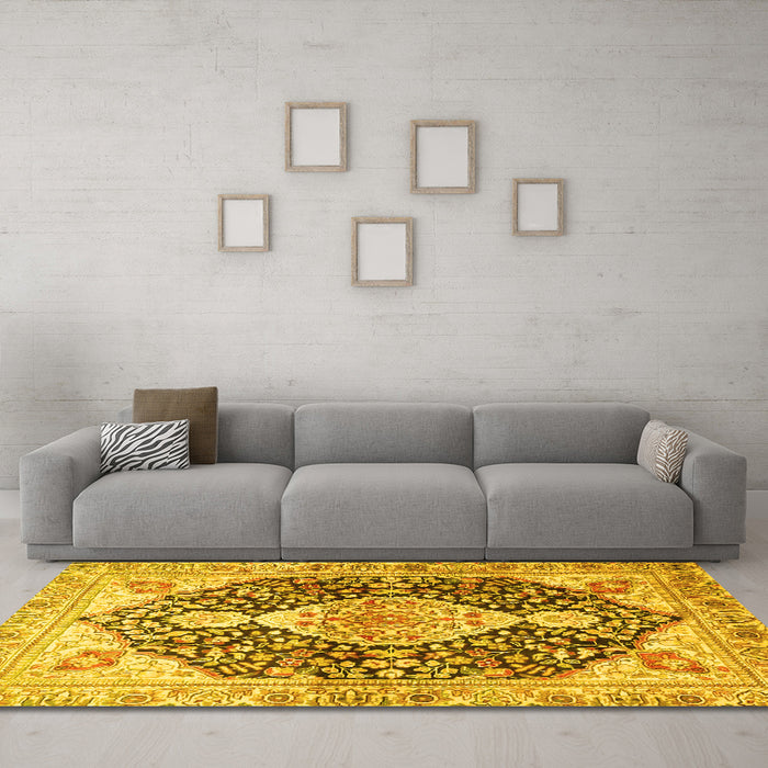 Machine Washable Medallion Yellow Traditional Rug in a Living Room, wshtr4092yw