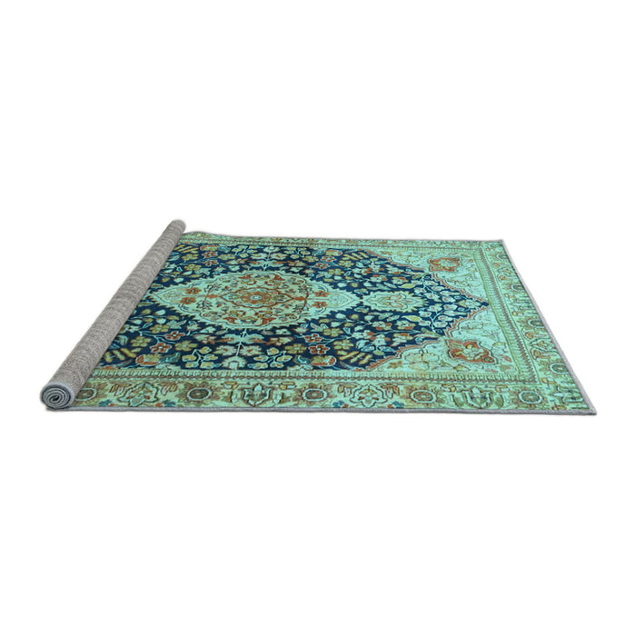 Sideview of Machine Washable Medallion Light Blue Traditional Rug, wshtr4092lblu
