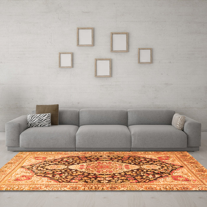 Machine Washable Medallion Orange Traditional Area Rugs in a Living Room, wshtr4092org