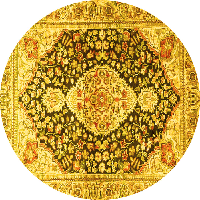 Round Machine Washable Medallion Yellow Traditional Rug, wshtr4092yw