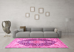 Machine Washable Medallion Pink Traditional Rug in a Living Room, wshtr4092pnk
