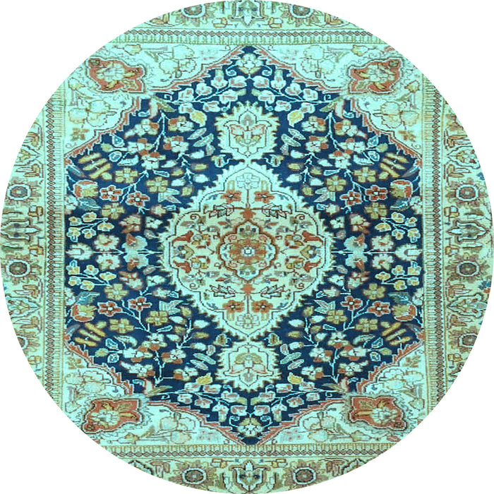 Round Machine Washable Medallion Light Blue Traditional Rug, wshtr4092lblu