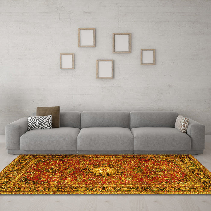 Machine Washable Persian Yellow Traditional Rug in a Living Room, wshtr4093yw