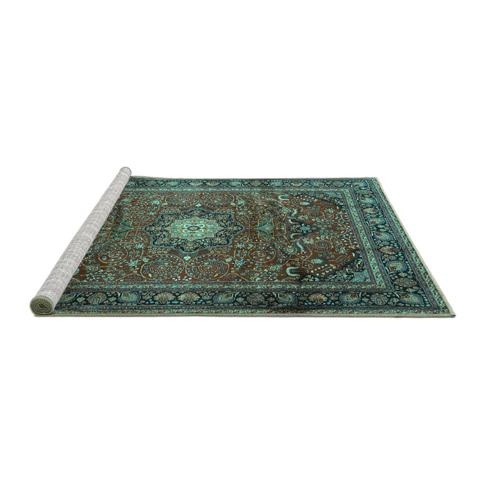 Sideview of Machine Washable Persian Turquoise Traditional Area Rugs, wshtr4093turq