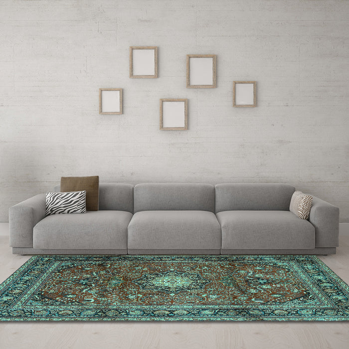 Machine Washable Persian Turquoise Traditional Area Rugs in a Living Room,, wshtr4093turq