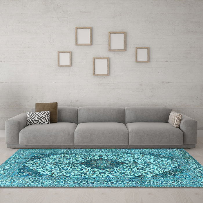 Machine Washable Persian Light Blue Traditional Rug in a Living Room, wshtr4094lblu