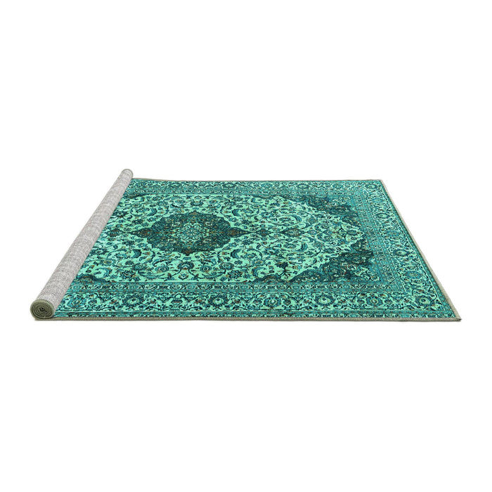 Sideview of Machine Washable Persian Turquoise Traditional Area Rugs, wshtr4094turq