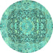 Round Machine Washable Persian Turquoise Traditional Area Rugs, wshtr4095turq