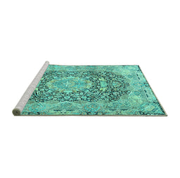 Sideview of Machine Washable Persian Turquoise Traditional Area Rugs, wshtr4095turq