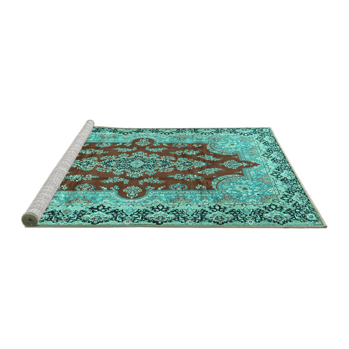 Sideview of Machine Washable Persian Turquoise Traditional Area Rugs, wshtr4096turq