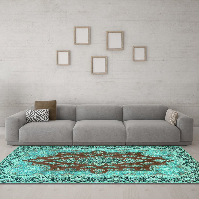 Machine Washable Persian Turquoise Traditional Area Rugs in a Living Room,, wshtr4096turq
