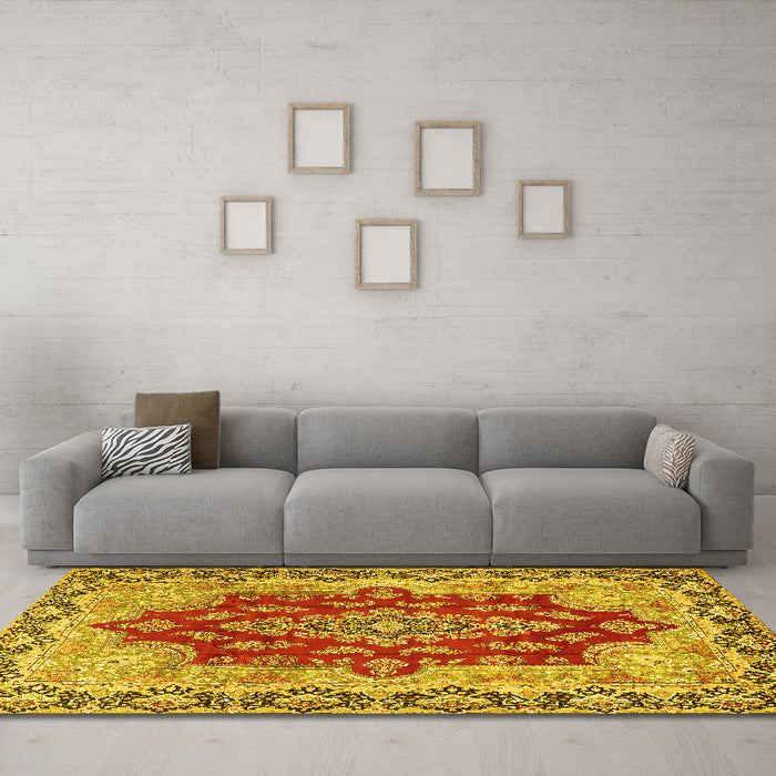 Machine Washable Persian Yellow Traditional Rug in a Living Room, wshtr4096yw
