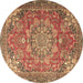 Round Machine Washable Medallion Brown Traditional Rug, wshtr4097brn