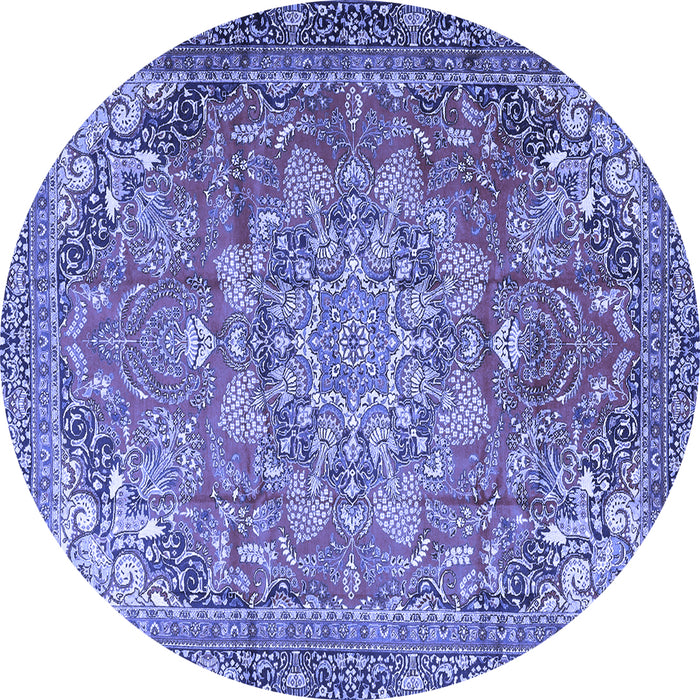 Round Machine Washable Medallion Blue Traditional Rug, wshtr4097blu