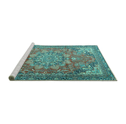 Sideview of Machine Washable Medallion Turquoise Traditional Area Rugs, wshtr4097turq
