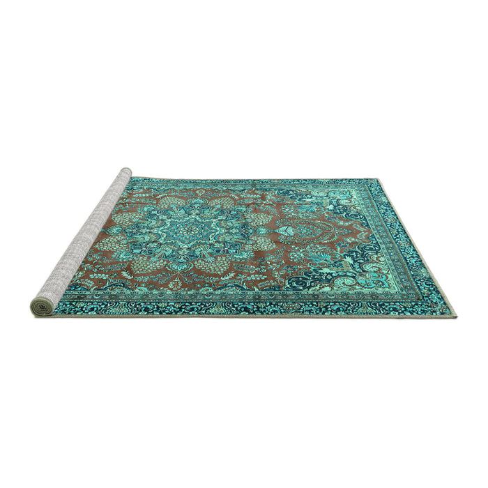 Sideview of Machine Washable Medallion Turquoise Traditional Area Rugs, wshtr4097turq