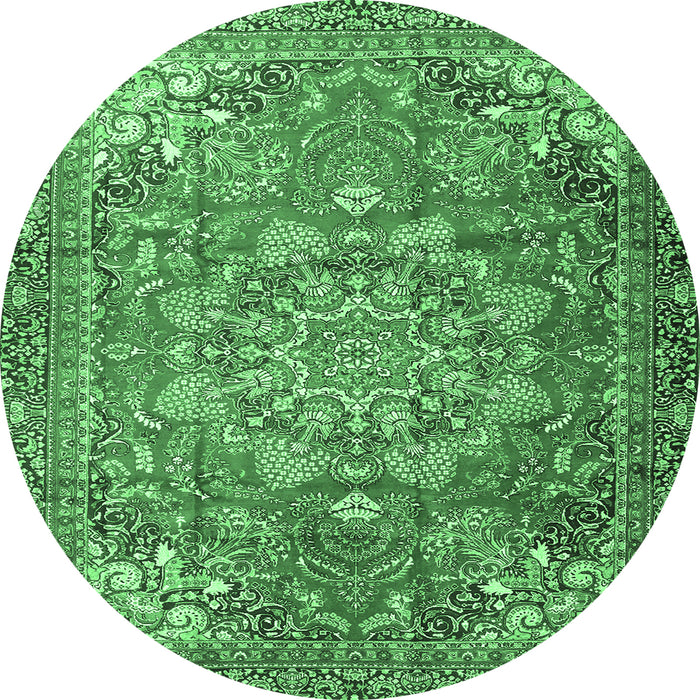 Round Machine Washable Medallion Emerald Green Traditional Area Rugs, wshtr4097emgrn
