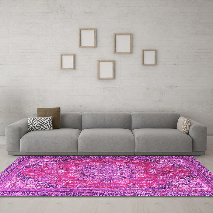 Machine Washable Medallion Pink Traditional Rug in a Living Room, wshtr4097pnk
