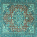 Square Machine Washable Medallion Turquoise Traditional Area Rugs, wshtr4097turq