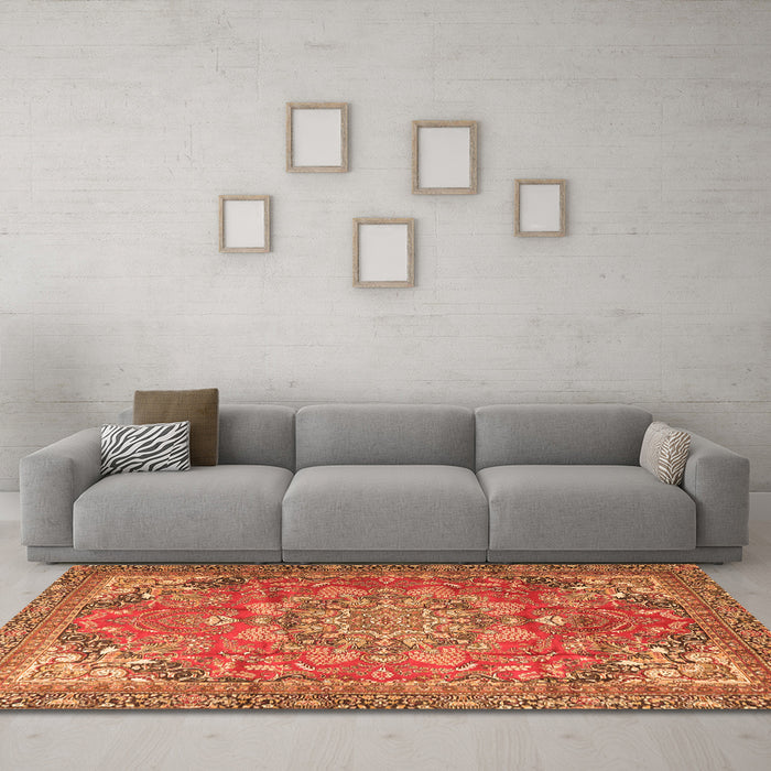 Machine Washable Medallion Orange Traditional Area Rugs in a Living Room, wshtr4097org