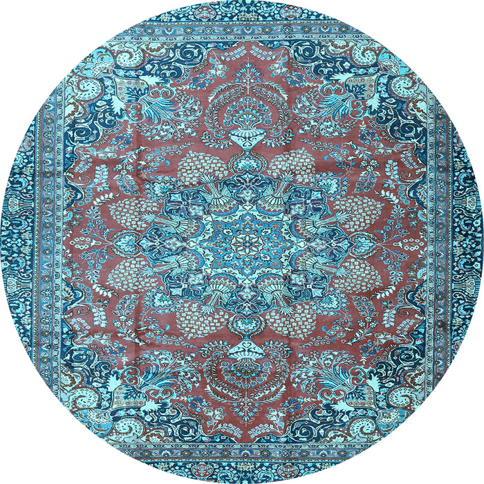 Round Machine Washable Medallion Light Blue Traditional Rug, wshtr4097lblu