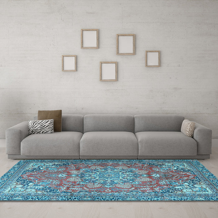 Machine Washable Medallion Light Blue Traditional Rug in a Living Room, wshtr4097lblu