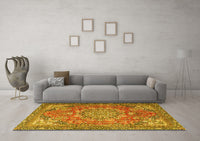 Machine Washable Medallion Yellow Traditional Rug, wshtr4097yw