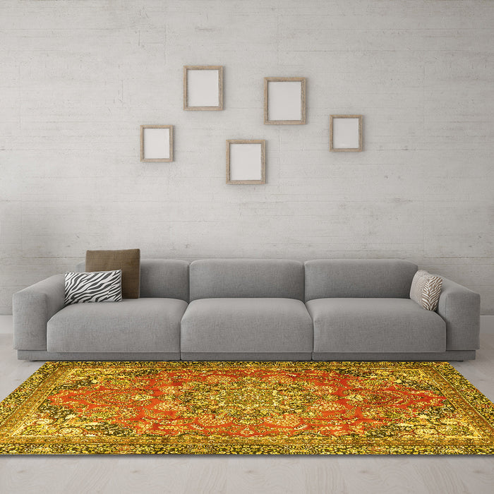 Machine Washable Medallion Yellow Traditional Rug in a Living Room, wshtr4097yw