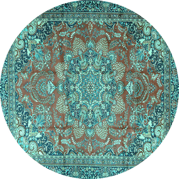 Round Machine Washable Medallion Turquoise Traditional Area Rugs, wshtr4097turq