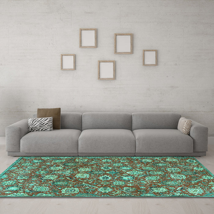 Machine Washable Persian Turquoise Traditional Area Rugs in a Living Room,, wshtr4098turq