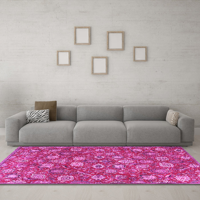 Machine Washable Persian Pink Traditional Rug in a Living Room, wshtr4098pnk
