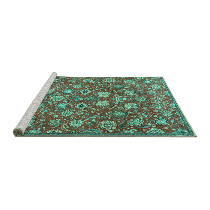Sideview of Machine Washable Persian Turquoise Traditional Area Rugs, wshtr4098turq