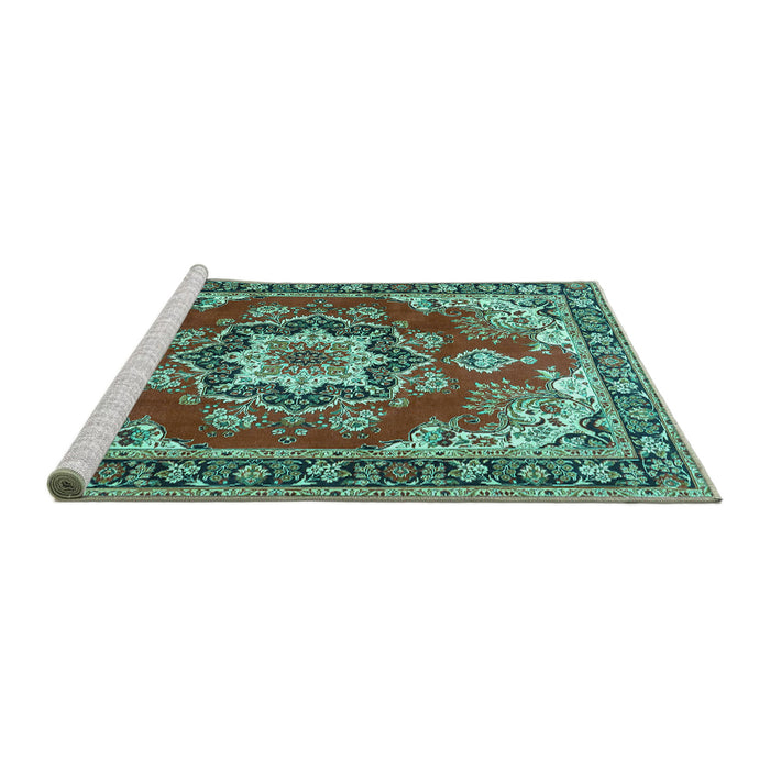 Sideview of Machine Washable Medallion Turquoise Traditional Area Rugs, wshtr4099turq